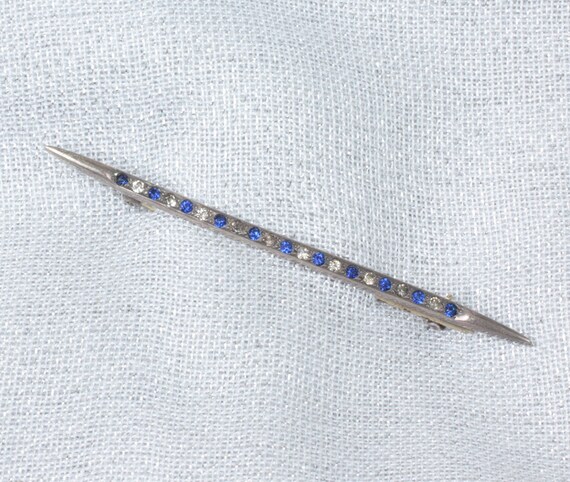 Antique Sterling Bar Pin Blue and Clear Stones Si… - image 6