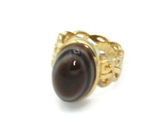 Brown Botswana Agate Ring Gold over Sterling Open Work Brutalist Style Size 6 Signed Badavici