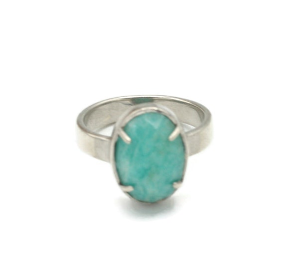 Amazonite and Sterling Ring Faceted Oval Stone Si… - image 1