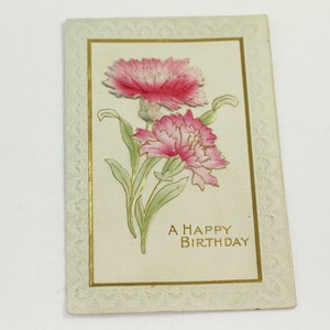 Carte postale d'anniversaire ancienne, oeillets floqués fleurs roses et vertes pour scrapbooking