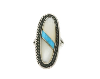 Navajo  MOP and Turquoise Inlay Ring Sterling Mixed Gemstones Size 5 3/4 Long Oval Face Statement Ring