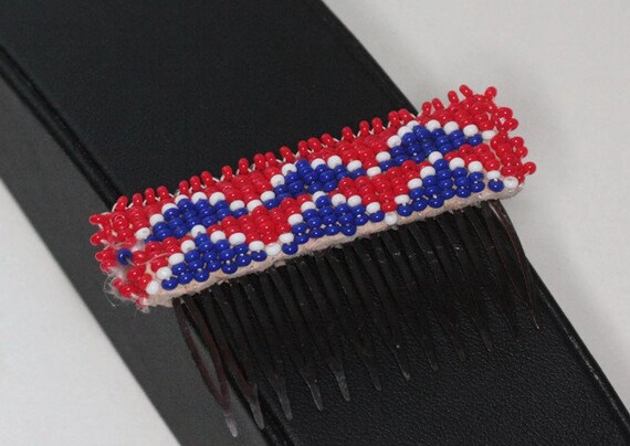 Native American Beaded Hair Comb Red White Blue B… - image 3