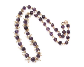 Amethyst Bead and Freshwater Pearl Cluster Necklace 18 Inch Gold Filled Chain Unique Vintage