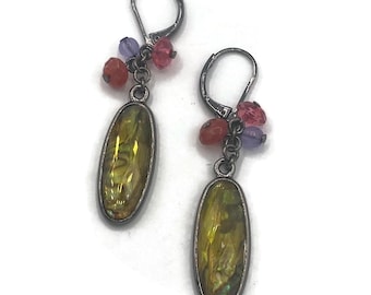 Olive Green Faceted Glass Earrings: Pink and Purple Crystals, Lever Back