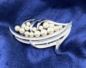 Crown Trifari Faux Pearl Brooch: Silver Tone Foliate Design Vintage Designer Jewelry