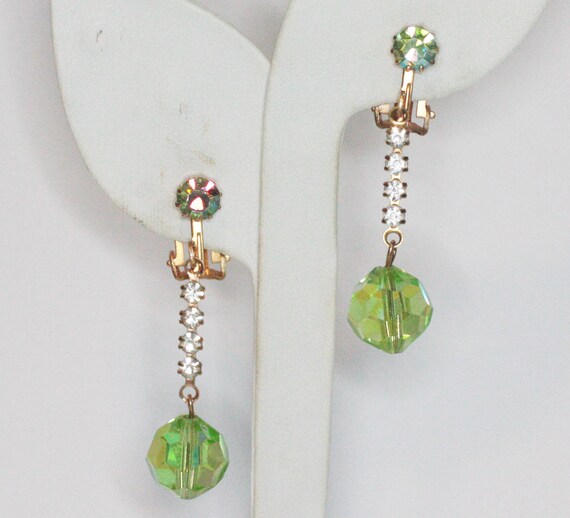 Green Aurora Borealis Crystal Dangle Earrings Cle… - image 6