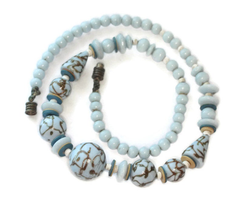 Pale Blue Bead Necklace Art Deco Czech 1930s Vintage Aventurine Trail Iridescent Beads
