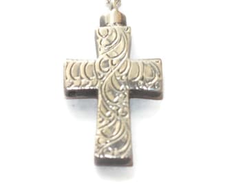 Sterling Silver Cross Pendant Etched Swirled Design 18 Inch Chain Boho Vintage Christian Religious Jewelry