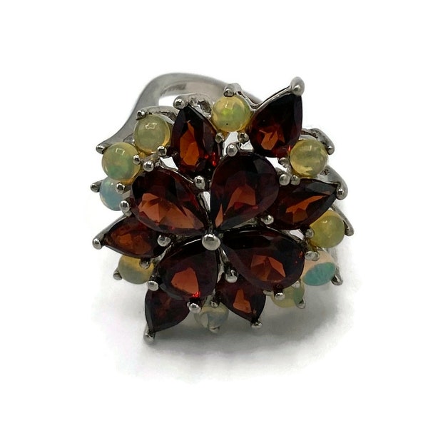 Welo Opal and Garnet Cluster Ring Sterling Silver Statement Ring Size 5 Plus