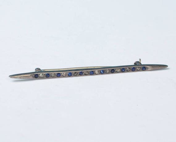Antique Sterling Bar Pin Blue and Clear Stones Si… - image 5
