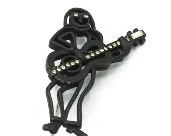 Coro Jazz Frog Brooch: Black Guitar and Rhinestones, Vintage Musician Pin