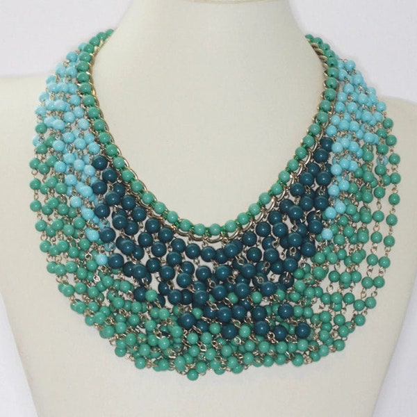 Cara NY Beaded Bib Necklace Draped Multi Chain Blues and Greens Statement Necklace