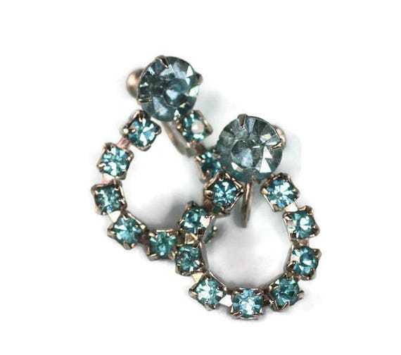 Turquoise Rhinestone Earrings  Dangle Loop Screw … - image 2