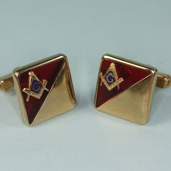 Vintage Masonic Cuff LInks Red Lucite Gold Tone Anson
