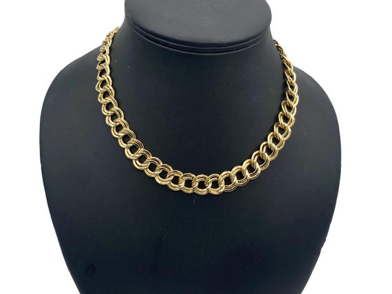 Double Link Curb Chain Necklace Shiny Gold Tone V… - image 4