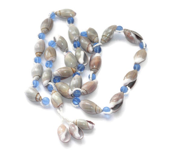 Shell and Beads Tassel Necklace White Seed Beads … - image 1