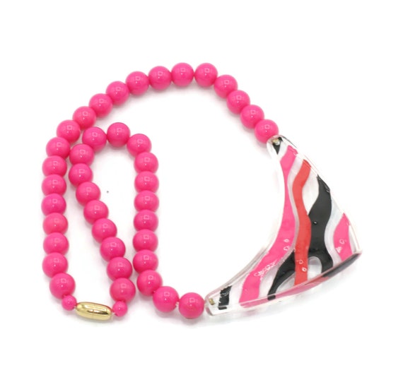 Hot Pink Lucite Necklace Pink Black and Clear Luc… - image 4