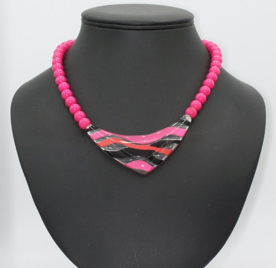 Hot Pink Lucite Necklace Pink Black and Clear Luc… - image 2