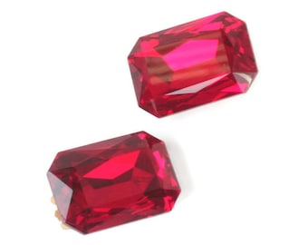 Vintage Red Faceted Glass Earrings: Rectangular, Bold Clip Ons