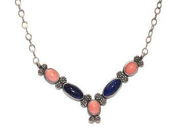 Sterling Silver Necklace Coral and Lapis Southwestern Style Shube Dakota West Signed Vintage