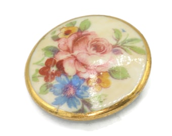 Porcelain Ceramic Victorian Pin: Pink Rose Flowers, Gilt Border