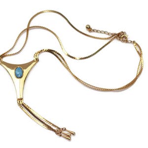 Gold Tone Tassel Necklace Faux Turquoise Cabochon Two Strands Vintage Necklace