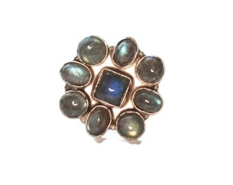 Labradorite Sterling Silver Cluster Ring Cocktail Statement Ring Size 8