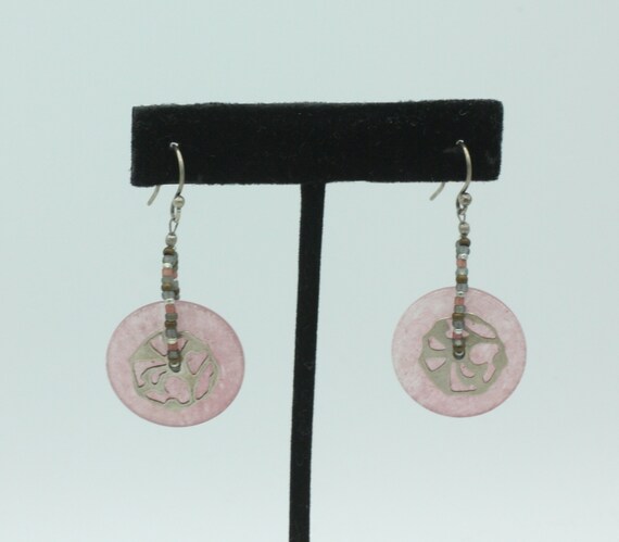 Etched Pink Glass Disc Earrings with Sterling Sil… - image 5
