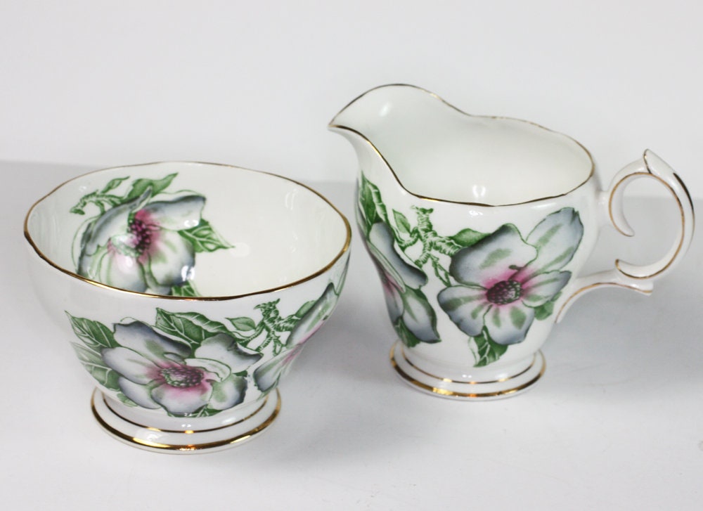 Magnolia China Creamer Open Sugar Bowl Queen Anne England Vintage Serving Set