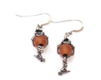 Vintage Halloween Witch Dangle Earrings: Sterling Silver, Orange & Black