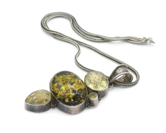 Green Gemstone Pendant Necklace Art Glass Sterlin… - image 5