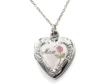 Sterling Silver Mom Photo Locket Heart Shape  Pink Enameled Rose 18 Inch Sterling Chain