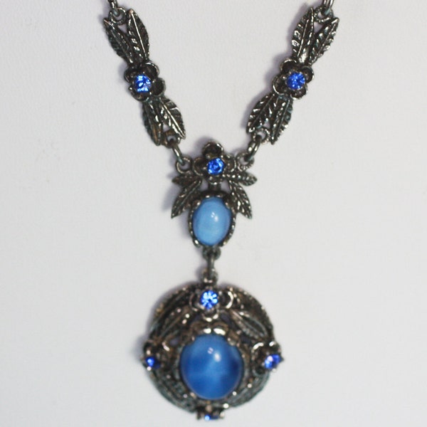 Blue Glass Moonstone Rhinestone Necklace Signed Miracle