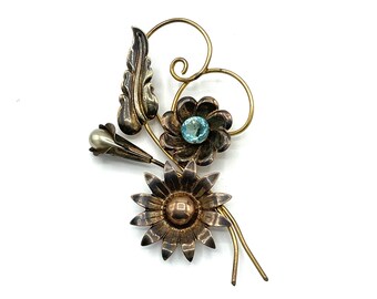 Vintage Aquamarine Glass Simulated Pearl Brooch: Gold Filled, Signed TF