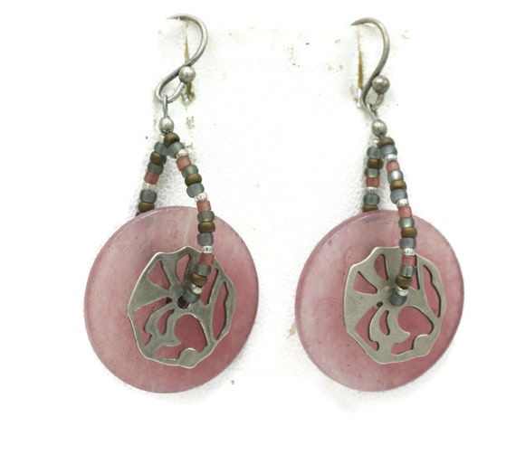 Etched Pink Glass Disc Earrings with Sterling Sil… - image 4