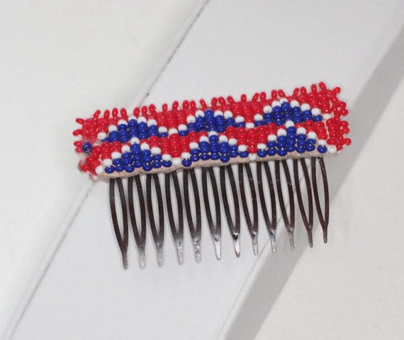 Native American Beaded Hair Comb Red White Blue B… - image 2