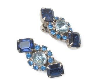 Three Shades of Blue Rhinestone Earrings Dark and Light Blue Clip Ons Style Vintage