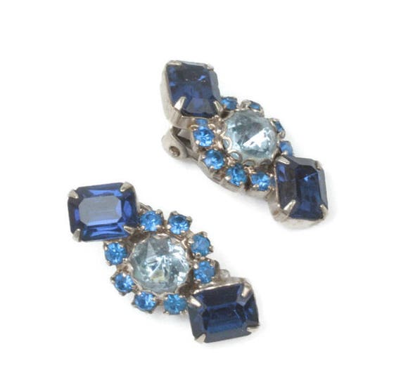 Three Shades of Blue Rhinestone Earrings Dark and… - image 1