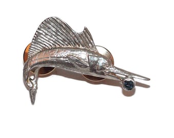 Sterling Silver Billfish Pin: Sapphire Accent, Deep Sea Unisex Fishing Gift