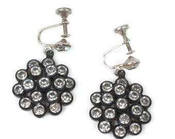Black Dangle Cluster Rhinestone Earrings: Mid Century, Screw Back Style