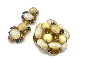 Vintage MCM Rhinestone Brooch and Earrings Set: Layered Dimensional Fall Colors