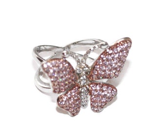 Pink CZ Butterfly Ring: Vintage Sterling Silver Statement Jewelry (Size 10 1/4)