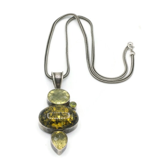 Green Gemstone Pendant Necklace Art Glass Sterlin… - image 1