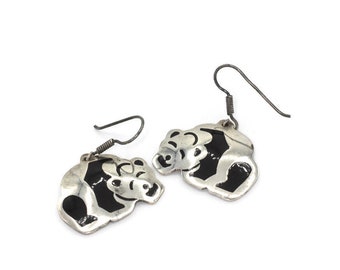 Black Enamel Panda Earrings: Sterling Silver Dangle, Taxco Mexico