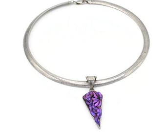 Modernist Iridescent Purple Art Glass Pendant with Sterling Omega Chain Designer Signed