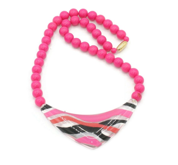 Hot Pink Lucite Necklace Pink Black and Clear Luc… - image 1