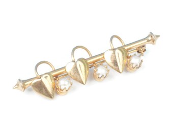 Cultured Pearl and Hearts Bar Pin: Gold Tone, Victorian Revival Vintage