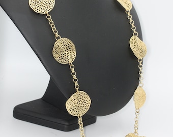 Gold Tone Disc Station Necklace: Dimensional, 35.5 Inch Long Designer Signed