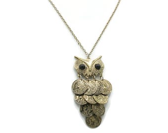 Vintage Articulated Owl Pendant Necklace: Faux French Coin Dangles