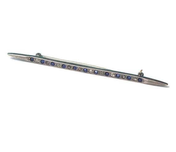 Antique Sterling Bar Pin Blue and Clear Paste Ston